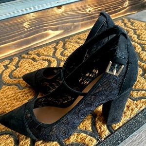 Black ankle strap lace/ faux suede heels sz 7.5